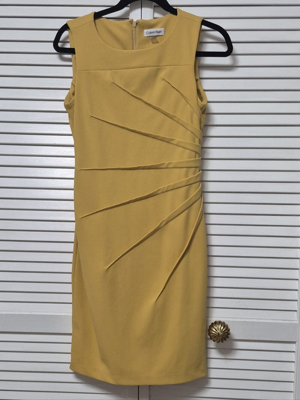 Calvin Klein Mustard Yellow Sheath Dress Sleeveless Ruched Size 4